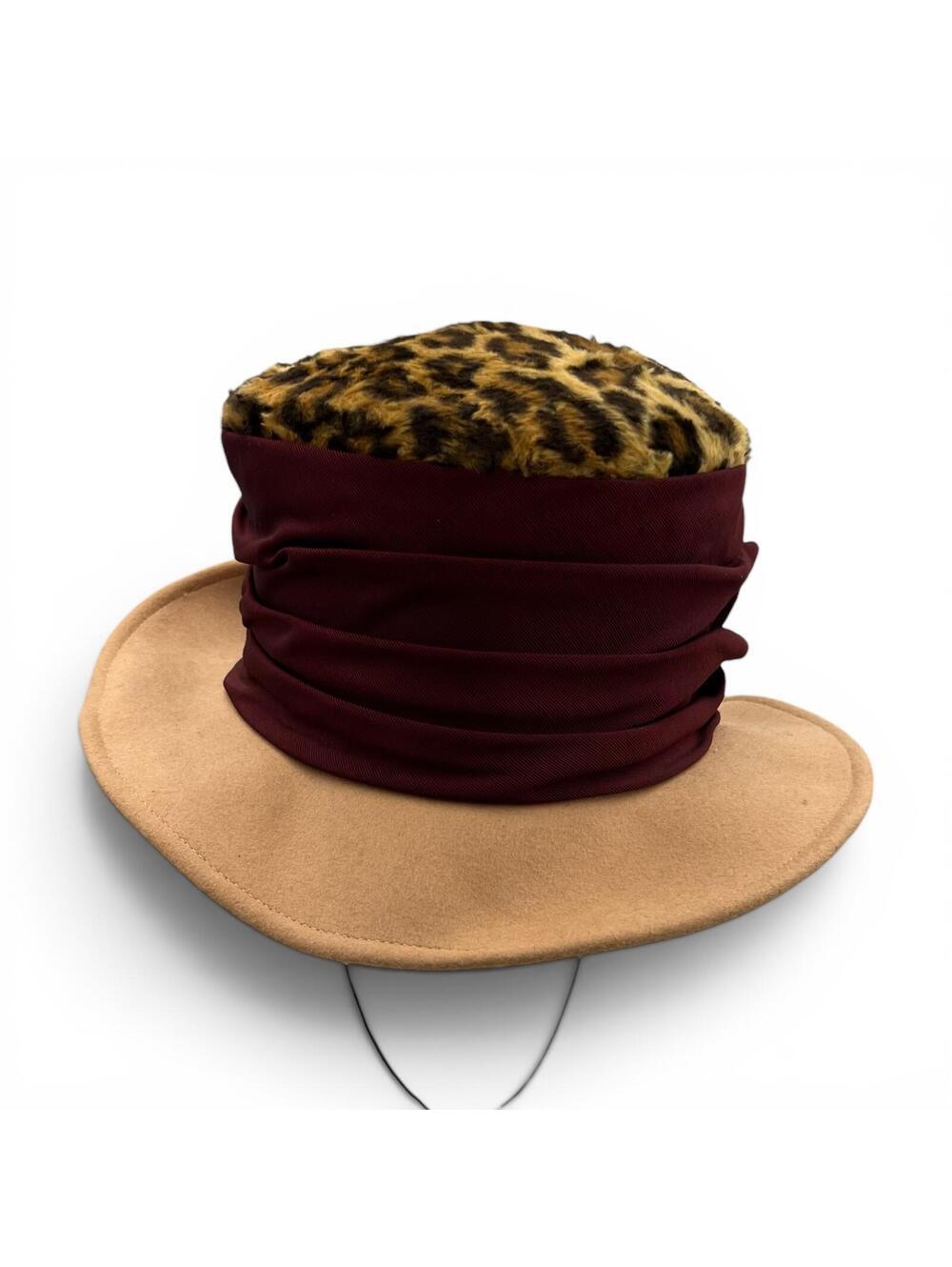 Vintage 80s Wool Faux Fur Leopard Print and Burgundy Accent Wide Brim Hat